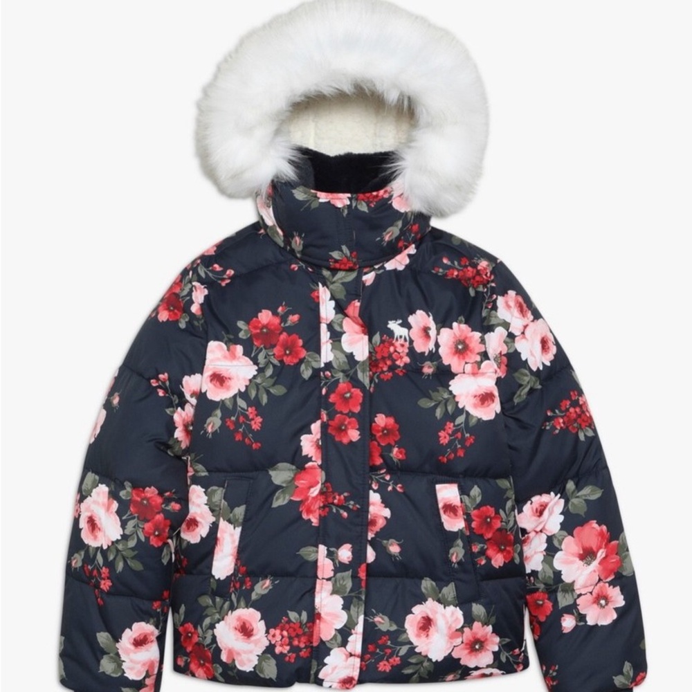 Abercrombie Kids Navy Floral Jacket with Faux Fur